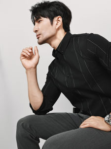 Luxurious Trendy Black White Striped Shirt Anti-Wrinkle Easy Care Long Sleeve Mens White Dress Shirt Fashionable Urban Style