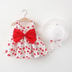 0-3-Year-Old Baby Clothes Summer Seaside Vacation Childrens Dress Floral Sleeveless Bow Girl Princess Dress+Hat