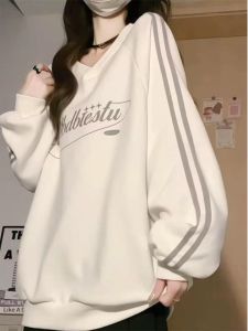 Áo Nỉ Cổ Chữ V Kẻ Sọc Dáng Rộng Cho Nữ Mùa Thu Phong Cách Lười Biếng Thương Hiệu Mỹ Cổ Điển Cỡ Lớn 300 Pound