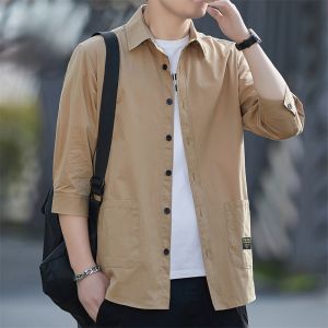 ROMON | Romon Pure Cotton Summer New Mens Loose Workwear Shirt Casual Half Sleeve Denim Jacket Seven-Quarter Length Button Detail