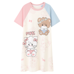 MiiOW | Cat Girl Childrens Nightgown Summer Lightweight Short Sleeve Home Clothes For Girls Cute Cartoon Design Kids Home Suit