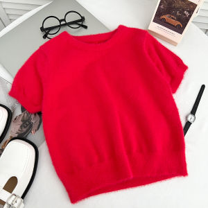 Nữ Ôm Vừa Vặn Áo Ngắn Tay Áo Len Dệt Kim Thác Nước Cổ Tròn Trên Cao Ve Áo Giả Lông Chồn Áo Sơ Mi Đế Nhung Áo Dành Cho Mùa Thu Mùa Đông