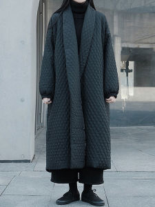 CHICEVER Diamond Pattern Long Sleeve Cotton Coat for Women High End Loose Fit Extra Large Thin Black Cotton Work Clothing