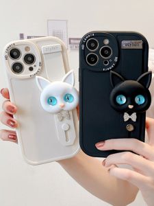 Cute Cartoon Cat Silicone Phone Case with Wrist Strap Stand Anti-Fall Soft Shell Protection for  16Promax 14 15 12PM XR 78Plus