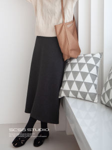 Váy Len Chữ a Cạp Cao Co Giãn Ấm Áp Cho Nữ Mùa Thu Đông Váy Midi Bằng Polyester Pha Trộn Len Dệt Kim Có Khóa Kéo