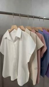 SKL01 เสื้อเชิ้ตผู้หญิงแขนล้ำ กระดุม คอปก ผ้าลินิน สีพื้นเรียบ น่ารัก ใส่สบาย