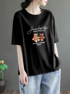Áo Thun Cotton Màu Đen Thời Trang Thường Ngày in Họa Tiết Rộng Rãi Mùa Hè Cho Nữ Áo Thun Cotton Pha Polyester Cổ Tròn Tay Ngắn