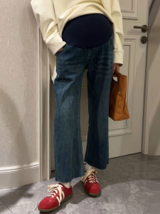 กางเกงยีนส์ทรงตรงสำหรับใส่ไปงานกลางแจ้งในฤดูใบไม้ผลิและฤดูใบไม้ร่วงสำหรับคุณแม่ตั้งครรภ์ กางเกงขายาวทรงสลิมฟิต กางเกงขายาวเอวสูง