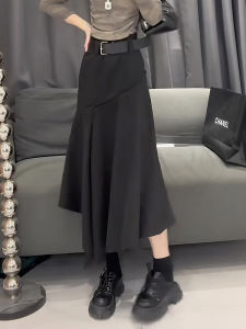 Black High Waist Asymmetrical Design Trendy Midi Skirt Womens Fashion Autumn New Style Commute Korean Version A-Line Skirt