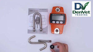 DenVet Trading Crane Scale Orange Digital Hook Weighing Device with Stainless Steel Hook and Display Screen.