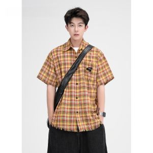 HetingHOME | Áo sơ mi kẻ caro Hetinghome mùa hè cho cặp đôi tay ngắn dáng rộng thoải mái chất liệu polyester cotton dành cho giới trẻ