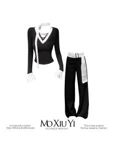 Spring Autumn Color Block Set Womens American V-neck Lace Top Polka Dot Sash Straight Leg Pants Fashionable plus Size Outfit