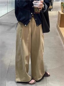Khaki Retro Workwear Wide Leg Pants Womens Loose Floor-Length Straight Cut Trousers Lazy Long Pants Commute Style High Waist