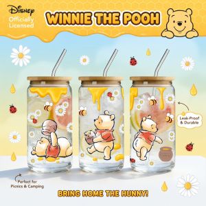 Disney | 1pc 16oz Disney Winnie the Pooh Borosilicate Glass Tumbler with Bamboo Lid & Straw Cute Summer Cup for Iced Coffee Juice Gift