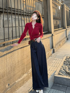 Deep Blue High Waist Bell Bottom Jeans Womens Early Spring Small Size Loose Drapey Wide Leg Pants Slimming Floor Length