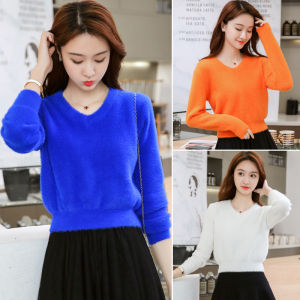 เสื้อสเวตเตอร์คอวีหนาสำหรับผู้หญิง ทรงหลวม ทรงสั้น ทรงเข้ารูป ผ้าขนกระต่าย ฤดูใบไม้ร่วง/ฤดูหนาว เสื้อชั้นในคอวี