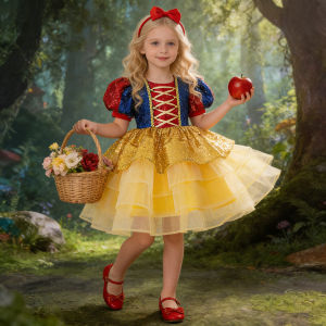 Elegant Snow Princess Party Girls Dress Bow Birthday Bridesmaids Dresses Girls Sequin Tulle Wedding Halloween Christmas Costumes