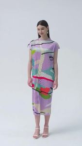 6347 One Size (45-75kg) Half High Neck Pleated Summer Comfortable Temperament Waisted Printed Wrap Sleeve A-Line Dress Women