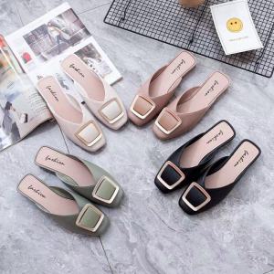 Fashionable Half Slippers Womens Summer Outdoor Wear Youth Casual Slip-On Slippers Flat Heel Floral Metal Splicing Color PVC