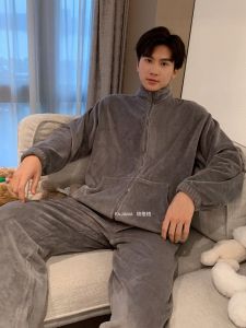 Coral Fleece Couple Pajamas Men and Women Autumn and Winter Zipper Fleece-lined Thickened Flannel Can Be Outerwear Homewear Suit