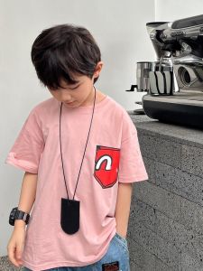 Summer New Childrens Cartoon Print Top round Neck Short Sleeve T-Shirt Boys Girls Pink White Cotton Polyester Blend Kids Clothes