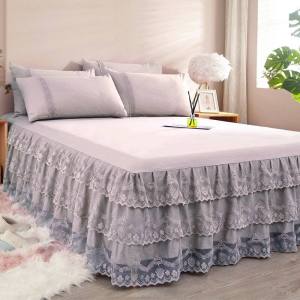 Simple Pure Color Lace Bed Skirt Three-Piece Set Korean Princess Style Bed Cover 1.5m 1.8m Spring Summer Bedding Accessories