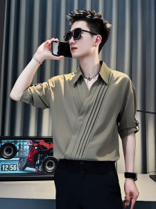 New 2025 Mens V-Neck Ice Silk Short Sleeve Polo Shirt Trendy Summer Fashionable Seven Sleeve Shirt Standard Fit Youth Summer