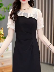 Slimming Korean Style Floral Print Splice Summer New Arrival Womens Dress High Waist A-Line Midi Skirt Versatile Black Dress