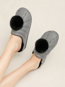 Classic Stripes Waterproof PU Leather Cotton Slippers Female Thick Sole Wedge Velvet Thermal Non-Slip Fashion Home Fall and Winter Outer Wear