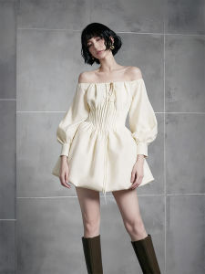 Elegant French Style Off-Shoulder Dress Slim Waist Flounces