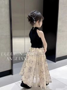 Blue Thousand Character Text Girls Cheongsam Set New Summer Childrens Traditional Chinese Clothing Baby Hanfu Childrens Wear