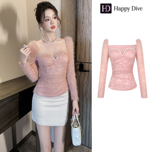 Happy Diva เสื้อลูกไม้สีชมพูบางเฉียบสําหรับผู้หญิงใหม่ประดับเพชร 91515