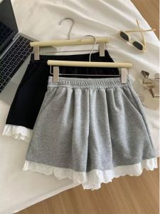 French Vintage Lace Trim Wide Leg Shorts Women Summer Korean Style High Waist Loose Casual Sports Sleepwear Trendy