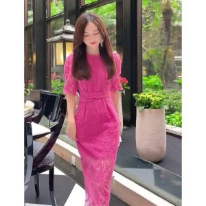 GOUWU | Elegant French Style Red Lace Dress