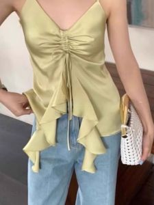 chaqi | Áo vest dây cổ chữ V satin thời trang cho nữ Áo khoác ngoài mùa hè cao cấp Áo lót ren kiểu Pháp gợi cảm Áo sơ mi dài tay thường ngày