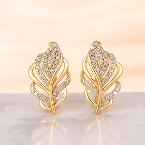 Huitan Temperament Womens Leaf Earrings Bling Bling CZ Stone Gold Color Luxury Elegant Female Wedding Earrings Trendy Jewelry