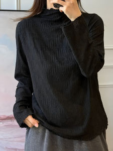 plus Size Black Lace Base Shirt Long Sleeve Stand Collar Womens Early Autumn Fat MM Meat Covering Slimming Inner Wear Layered Top