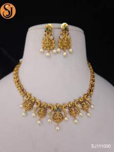 Sg readystock Gold Necklace and Earrings Set with Pearl Dangles and Green Gemstones Indian minimalist jewellery