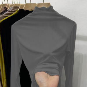 เสื้อยืดคอกลมแขนยาวสไตล์เกาหลีสำหรับผู้หญิง ทรงหลวม ป้องกันแสงแดด ฤดูใบไม้ผลิและฤดูใบไม้ร่วง เสื้อชั้นในทรงเข้ารูปสำหรับผู้หญิงไซส์ใหญ่