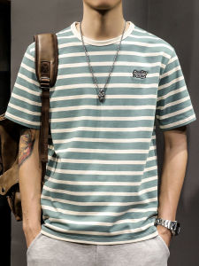 New 2025 Mens Heavyweight Pure Cotton Striped Short Sleeve T-Shirt Loose Fit Large Size Fashionable Half Sleeve Body Tee