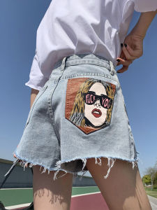 High Waist Denim Shorts Womens Personalized Print Summer New Large Size Loose Wide Leg A-Line Hot Pants INS Cotton Polyester Blend