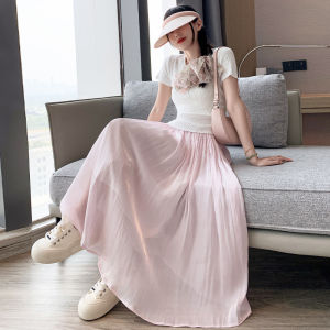 Shiny Thread Chiffon Skirt Womens A-Line Slimming Long Midi Skirt Pink Fairy Tale Style Summer New Arrival Korean Style High Waist