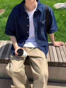 American Retro Pocket Denim Short Sleeve Shirt Mens Summer New Casual Loose Teenage Casual Shirt Classic Style Youth Trend