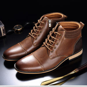 Retro Martin Genuine Leather Ankle Boots for Men round Toe Low Heel Fashionable Autumn Spring Season round Shaft Height
