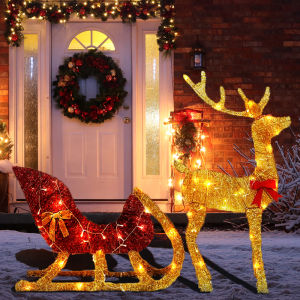 Bộ Trang Trí Giáng Sinh Ngoài Trời Hình Tuần Lộc Và Xe Trượt Tuyết Bằng Sắt Nghệ Thuật Có Đèn Dây Dùng Cho Giáng Sinh Và Tết Nguyên Đán