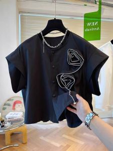 Yao Kexin Nữ Mùa Hè Tay Cánh Dơi Cổ Bướm Áo Sơ Mi Thiết Kế Độc Đáo 3D Trang Trí Hàng Đơn Nhiều Khóa Quần Áo Làm Việc