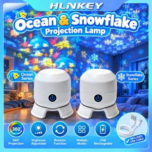 HLINKEY Rechargeable Ocean Projector Night Light 360 Rotating LED Lamp Adjustable Brightness USB Portable For Kids Bedroom Camping Gift