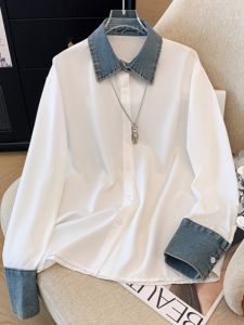 SHIMANQING | Slimming Jean-and-White Spliced Long-sleeve Shirt Women Plus Size