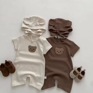 New In Summer Kids Baby Girls Boys Short Sleeve Waffle Patch Bear Infant Newborn Jumpsuits Cotton Romper Gift Hat with Ear