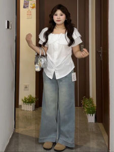 Áo Sơ Mi Nữ Dáng Rộng Xếp Ly Tay Ngắn Mùa Hè Thiết Kế Kiểu Pháp Che Giấu Mỡ Béo Phì Viền Bèo Nhún